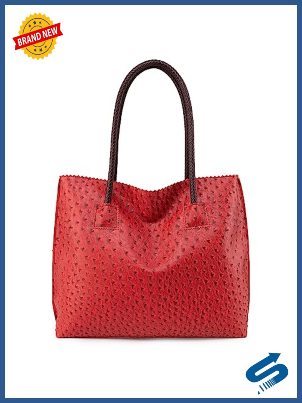 Large Ostrich Vegan Leather Tote Bag with Zipper & Braided Handles